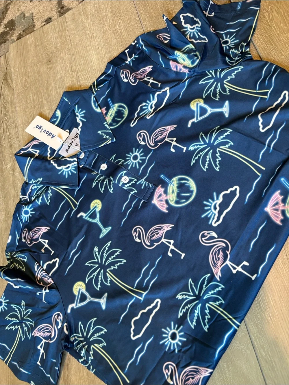 Aqua Navy Neon Palm & Flamingo Polo